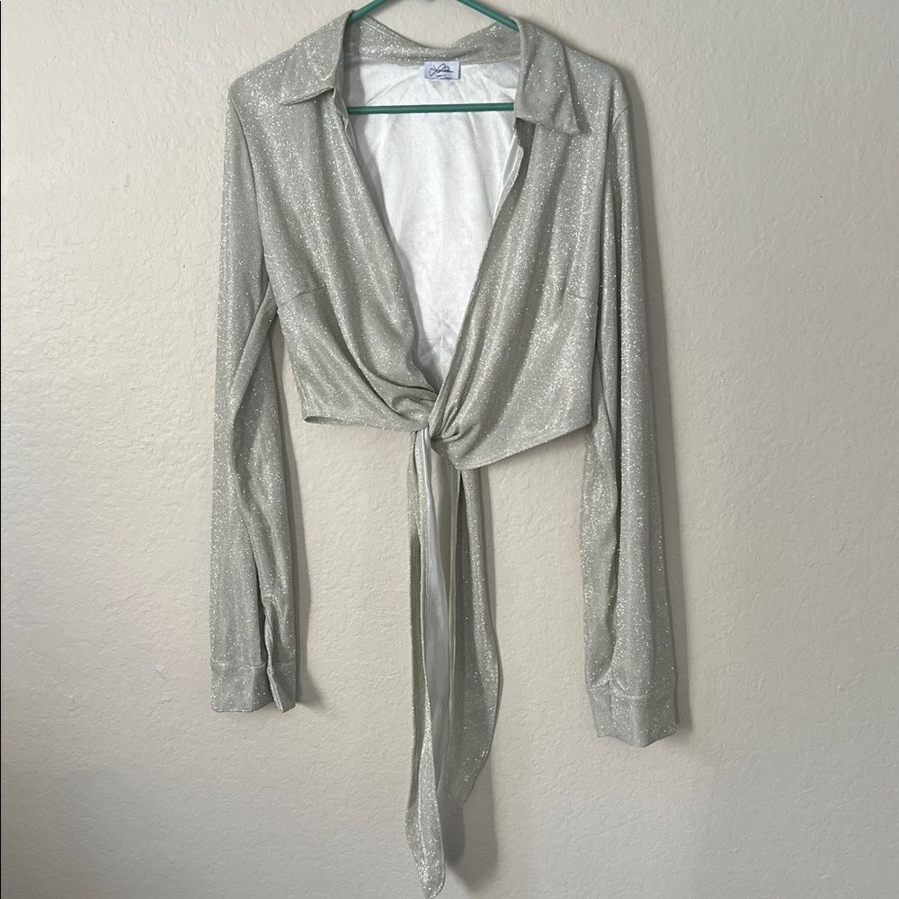 Laina Rauma Women's  Silver Glitter Tie-Front Blouse in Size XL